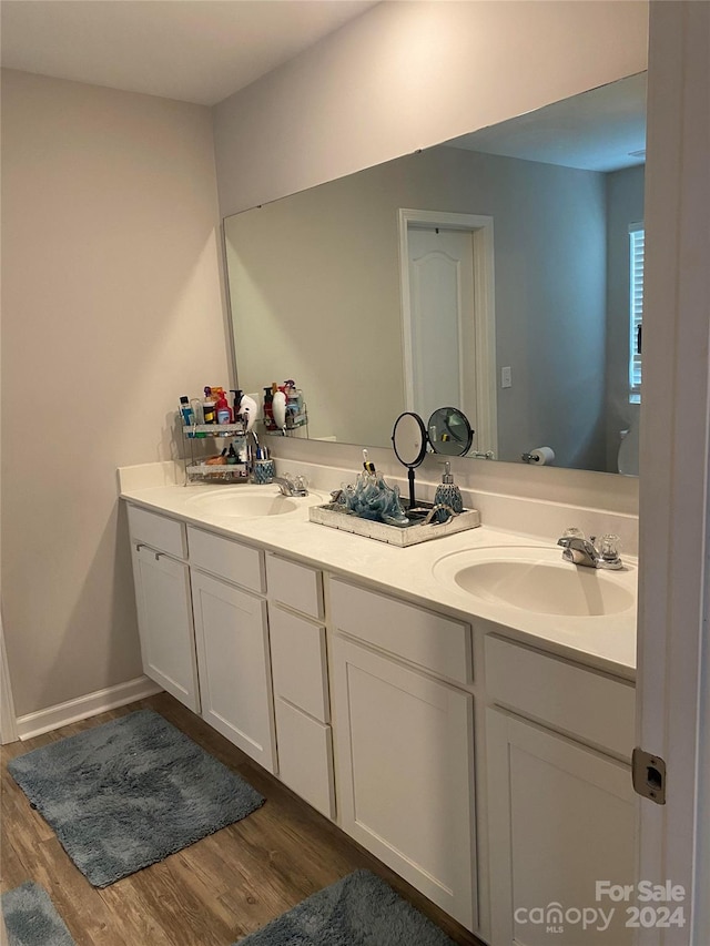 bathroom featuring hardwood / wood-style flooring and double sink vanity