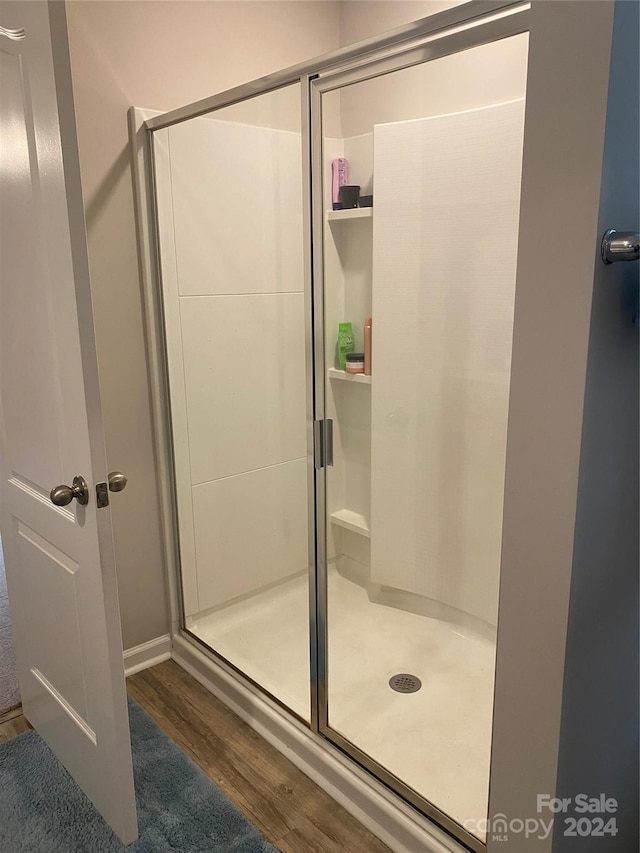 bathroom with walk in shower and hardwood / wood-style flooring