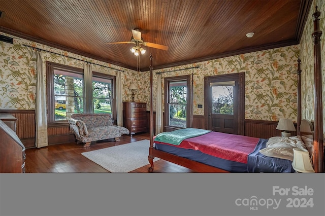 bedroom with dark hardwood / wood-style flooring, ceiling fan, wooden ceiling, and crown molding