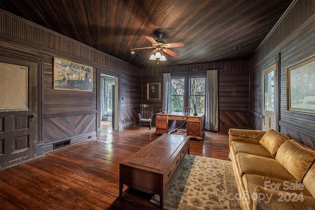 living room featuring ceiling fan, dark hardwood / wood-style flooring, wooden walls, and wooden ceiling