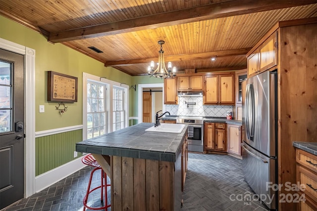 kitchen featuring stainless steel refrigerator, backsplash, decorative light fixtures, wood ceiling, and stove