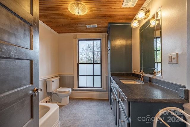 bathroom featuring vanity, a bath to relax in, wooden ceiling, toilet, and crown molding