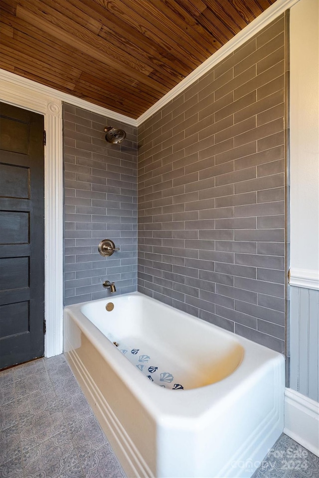 bathroom featuring crown molding,  shower combination, wooden ceiling, and tile flooring