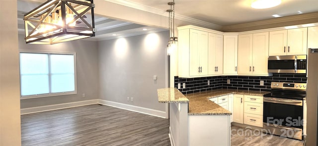 kitchen featuring white cabinetry, hanging light fixtures, stainless steel appliances, tasteful backsplash, and kitchen peninsula