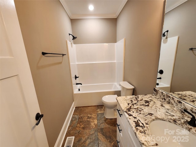full bath featuring vanity, bathtub / shower combination, stone finish flooring, ornamental molding, and visible vents