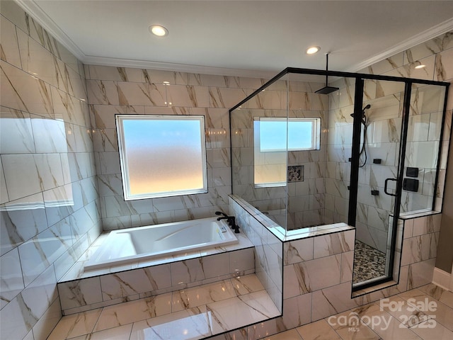 full bath featuring recessed lighting, a shower stall, a bath, and ornamental molding