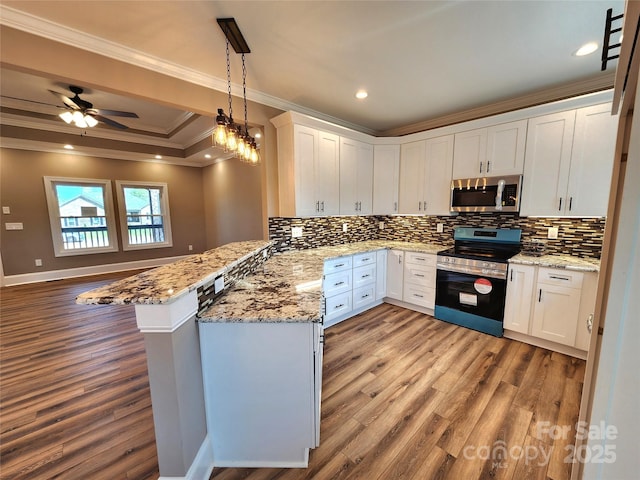 kitchen featuring a peninsula, appliances with stainless steel finishes, wood finished floors, and crown molding