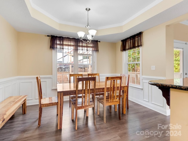 dining space featuring plenty of natural light, a raised ceiling, dark hardwood / wood-style floors, and a notable chandelier