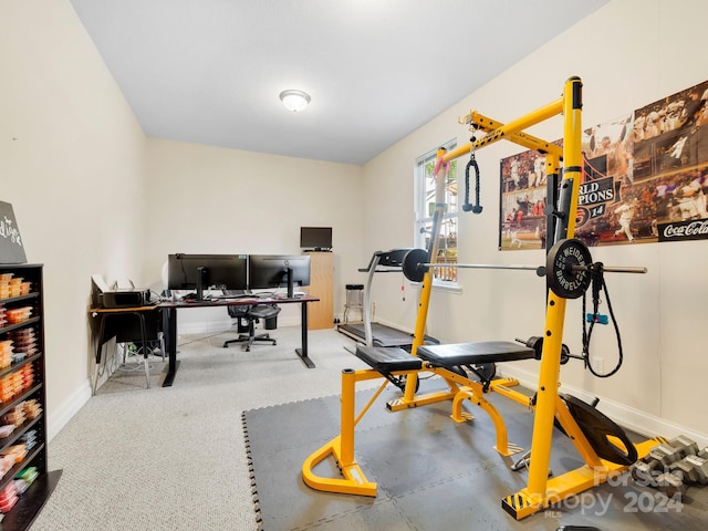 workout area featuring light carpet