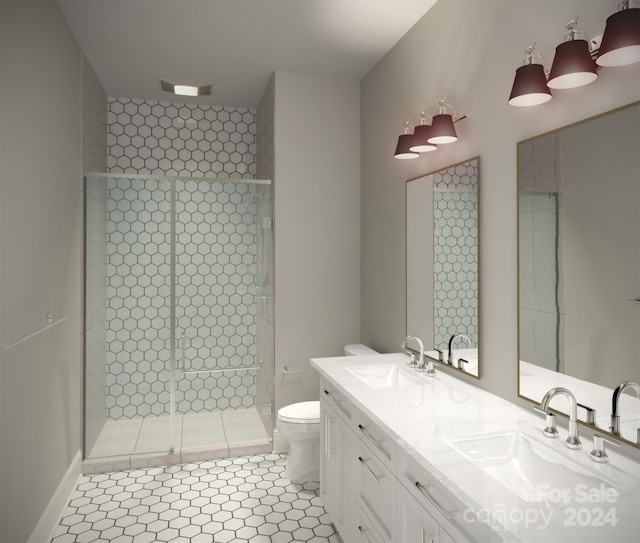 bathroom featuring tile patterned flooring, vanity, an enclosed shower, and toilet