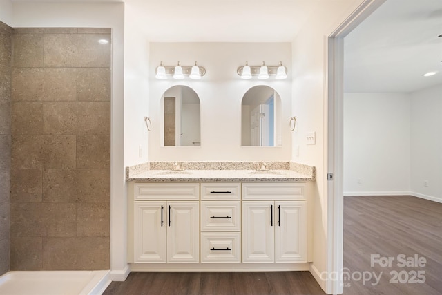 bathroom with vanity and hardwood / wood-style floors