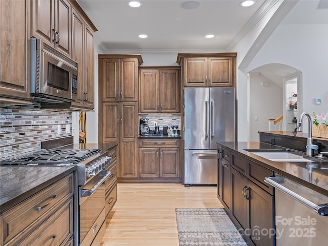 kitchen with decorative backsplash, sink, crown molding, and high end appliances