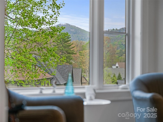 living area featuring a mountain view