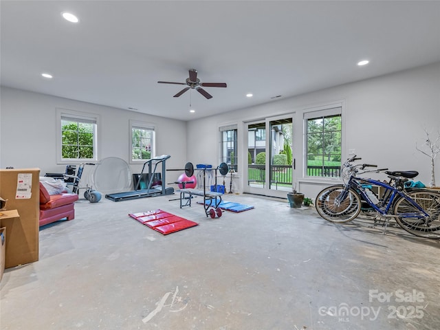 exercise area with ceiling fan