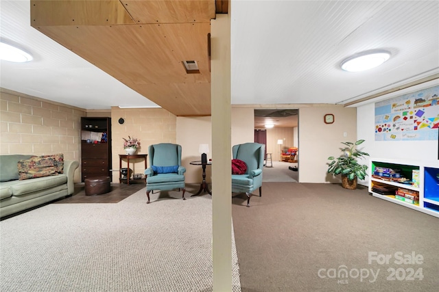 living room with wood ceiling