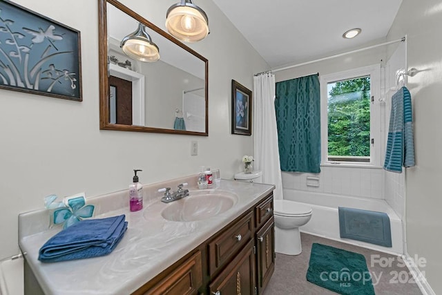 full bathroom featuring tile patterned flooring, toilet, vanity, and shower / bath combination with curtain