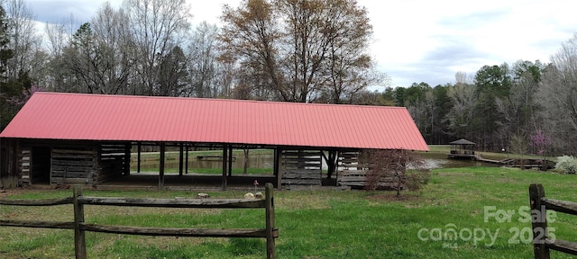 view of front of property with a water view and an outdoor structure