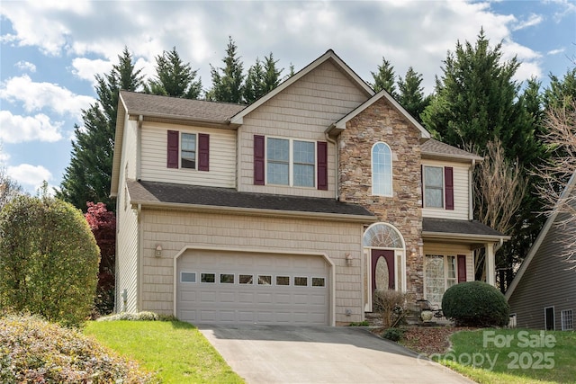 view of front of property featuring a garage, stone siding, roof with shingles, and concrete driveway