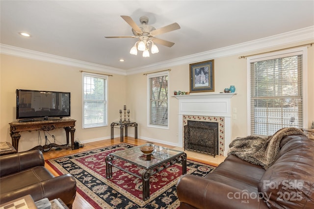 living area featuring a ceiling fan, wood finished floors, baseboards, a fireplace, and ornamental molding