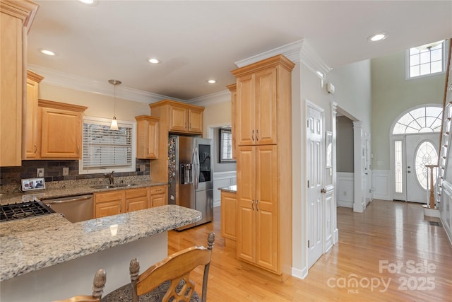 kitchen with a sink, appliances with stainless steel finishes, light wood-style flooring, and a healthy amount of sunlight