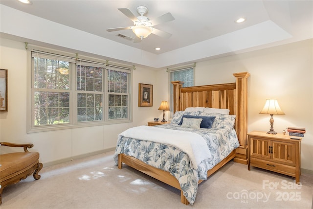 carpeted bedroom with recessed lighting, visible vents, and ceiling fan