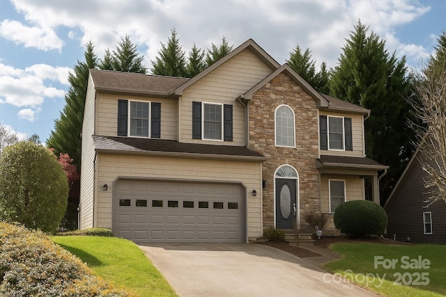 219 Rivercrest Blvd, Arden, NC 28704 - traditional home with stone siding, an attached garage, driveway, and a shingled roof