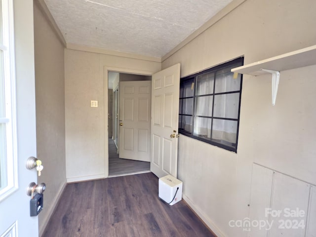 interior space featuring dark wood-type flooring and a textured ceiling