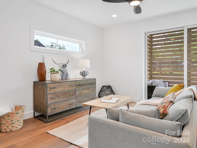 living room with ceiling fan and light wood-type flooring