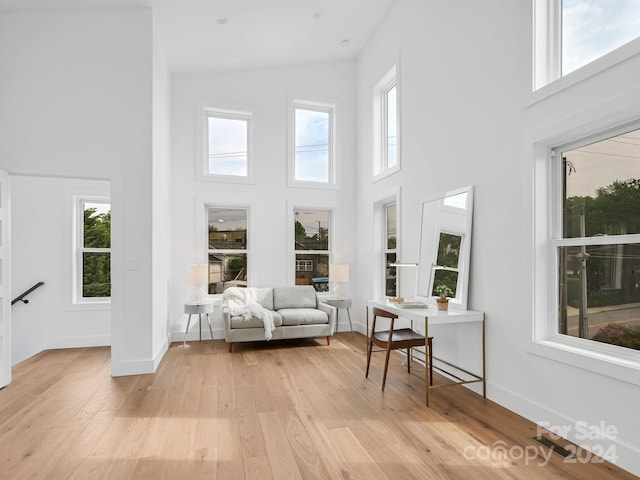 interior space with light hardwood / wood-style floors and a high ceiling