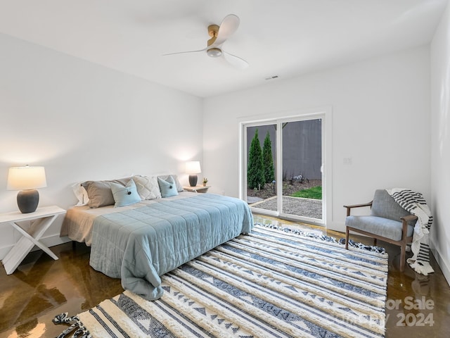 bedroom with ceiling fan and access to outside