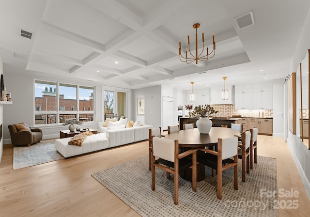 dining room featuring coffered ceiling, a chandelier, beam ceiling, and light hardwood / wood-style flooring