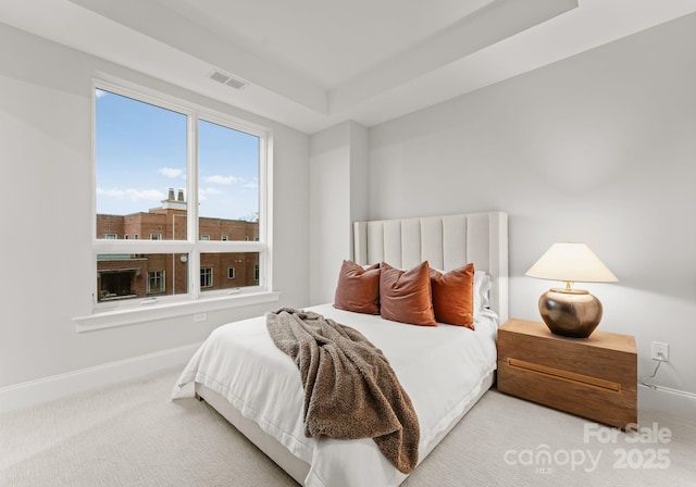 carpeted bedroom with a tray ceiling