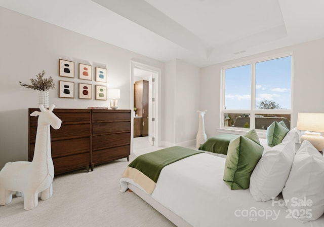 carpeted bedroom with a tray ceiling