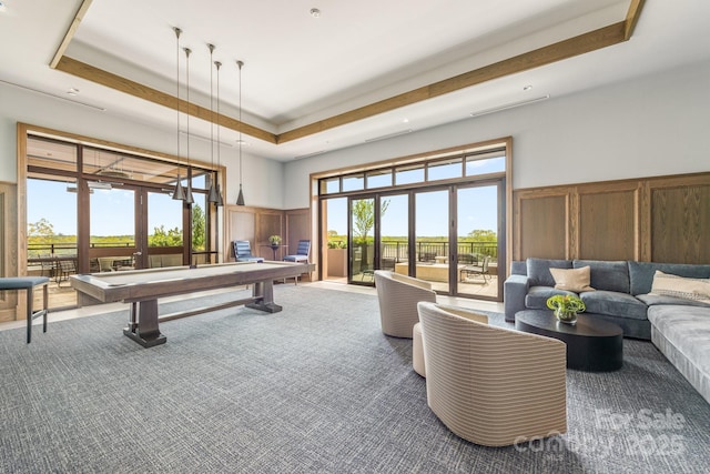 rec room featuring carpet, billiards, and a tray ceiling