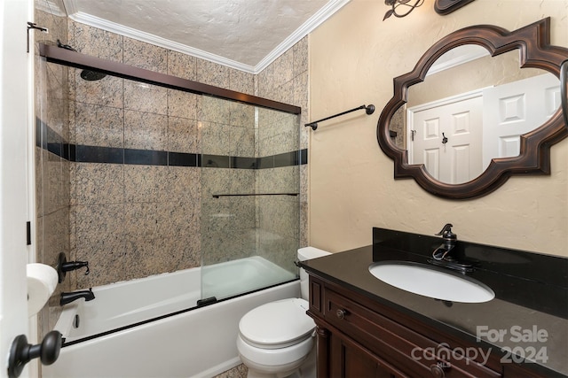 full bathroom with vanity, toilet, crown molding, and bath / shower combo with glass door