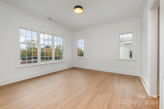 spare room featuring ornamental molding and light hardwood / wood-style floors