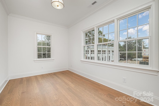 empty room featuring ornamental molding and light hardwood / wood-style floors