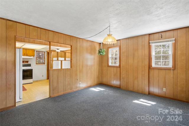 empty room with light carpet, wood walls, and a textured ceiling