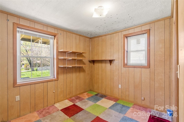 empty room featuring wood walls and a textured ceiling