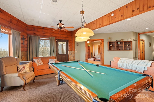 game room featuring carpet flooring, billiards, and ceiling fan