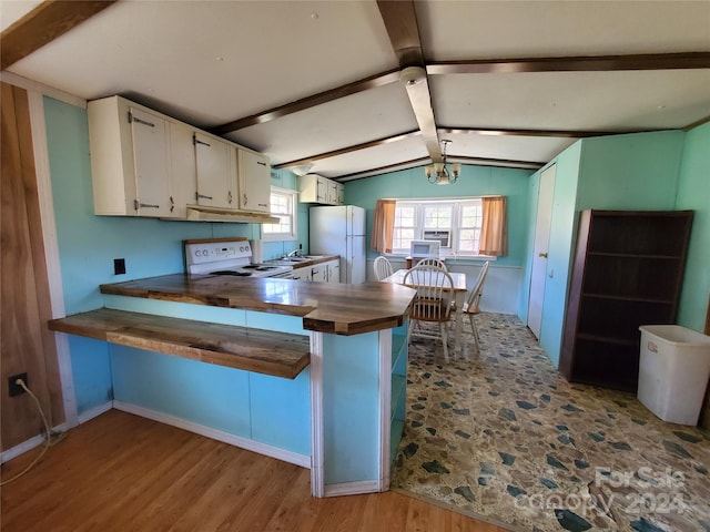 kitchen featuring white cabinets, vaulted ceiling with beams, light hardwood / wood-style floors, and white appliances