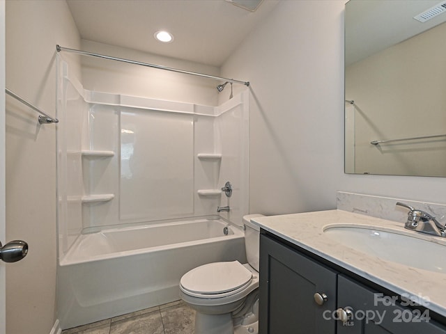 bathroom with visible vents, toilet, tile patterned floors, vanity, and shower / bathing tub combination