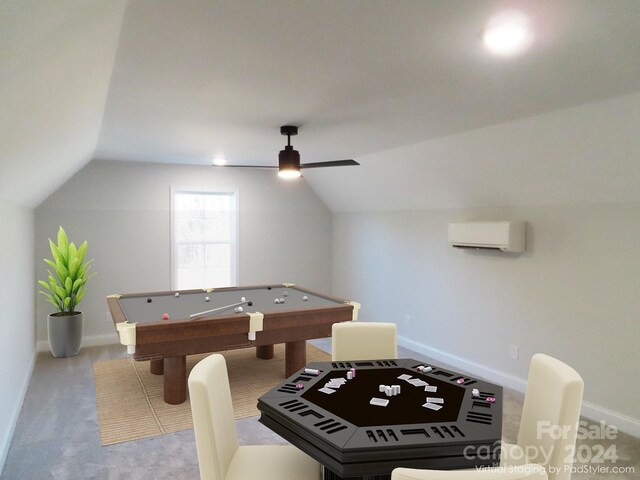 game room featuring ceiling fan, billiards, lofted ceiling, and a wall mounted AC