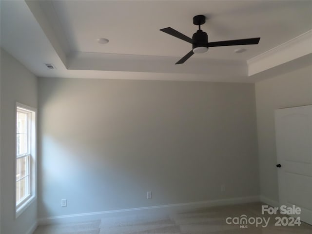 spare room featuring ceiling fan, ornamental molding, and a raised ceiling