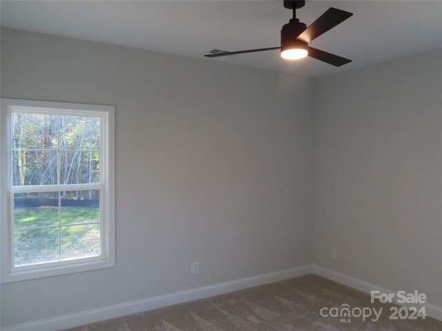 carpeted spare room with ceiling fan