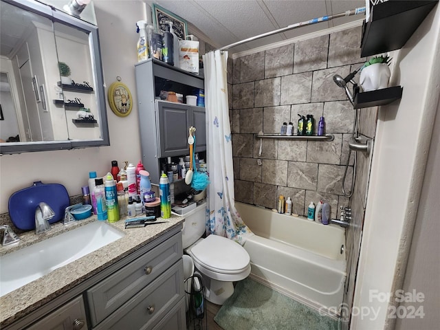 full bathroom with shower / bath combo, toilet, and vanity