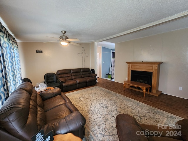 living room featuring wood-type flooring, a textured ceiling, and ceiling fan