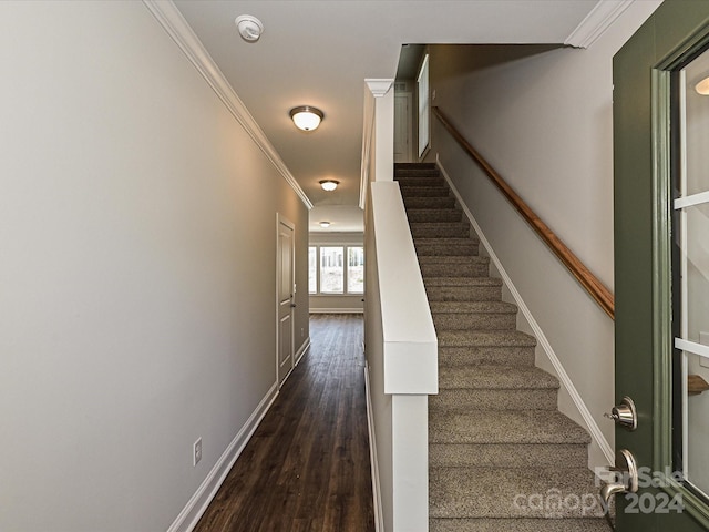 stairway with baseboards, crown molding, and wood finished floors