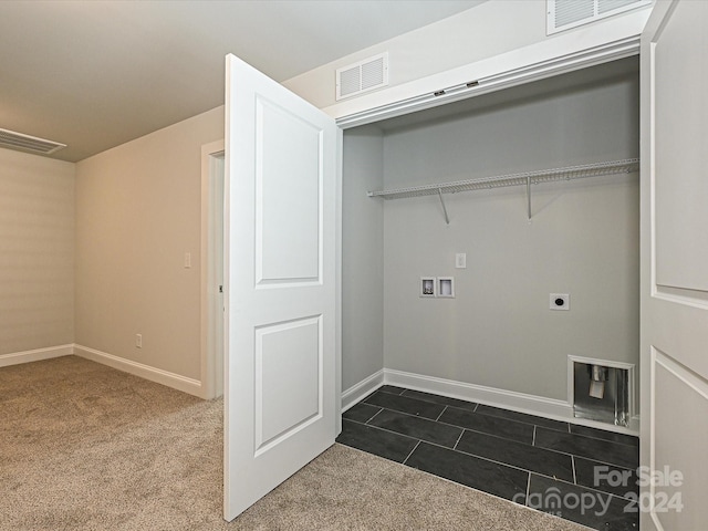 laundry room featuring laundry area, baseboards, visible vents, hookup for a washing machine, and dark carpet