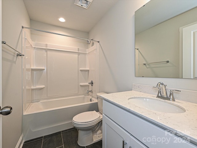 bathroom with visible vents, toilet, vanity, shower / washtub combination, and recessed lighting